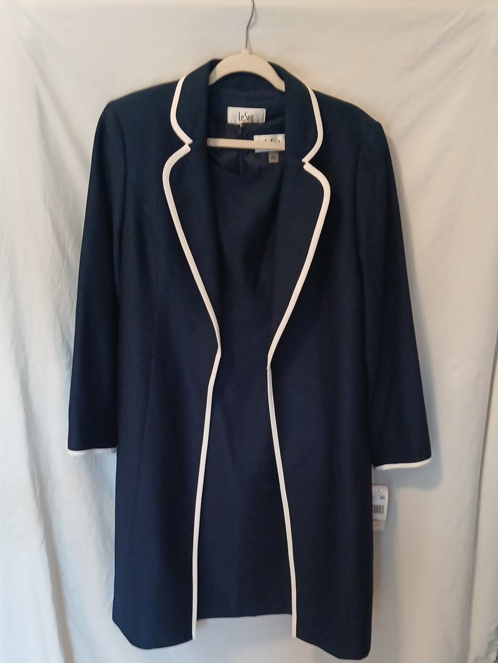 Le Suit 2pc Navy Blazer And Dress with White Piping, Textured Material